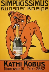 Affiche vintage de bulldog mordant une bouteille de champagne