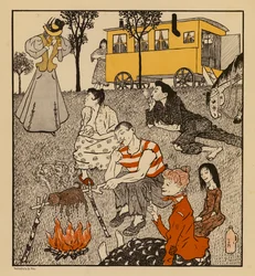 Femme désespérée de trouver son mari vivant avec des gitans (litho couleur)