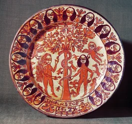 Plat en faïence Adam et Ève, North Staffordshire, 1674