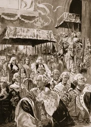 La procession depuis Westminster Hall lors du couronnement de George III et de la reine Charlotte, September 22nd, 1761, tirée de « The Illustrated London News », 1902