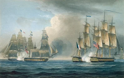 Capture de la Pomone par le HMS Arethusa au large de Cuba en 1806, gravée par T. Sutherland pour 