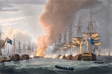 Destruction de la flotte danoise devant Copenhague, 2 avril 1801, gravée par Thomas Sutherland pour 