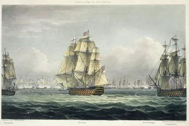 Le HMS Victory naviguant vers la ligne française, flanqué de l