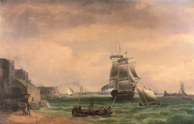 Navires de guerre et petites embarcations au port de Portsmouth, fin 18e ou début 19e siècle