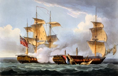 La capture de La Vestale, 20 août 1799, tirée de «Les exploits navals de la Grande-Bretagne» de James Jenkins, gravée par Thomas Sutherland, publiée en 1817