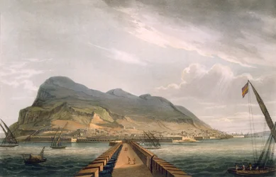 Vue de Gibraltar, gravée par Thomas Sutherland pour Naval Achievements de J. Jenkins, 1816
