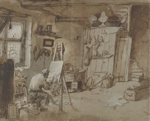 Un peintre au travail dans son atelier