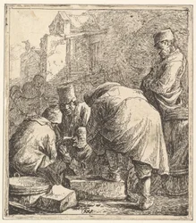 Homme ajustant ses chaussures, à gauche trois hommes jouant aux cartes, 1630-77