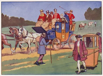 Carrosse à quatre chevaux, chaise à porteurs et chevaux de bât