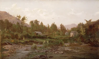 Paysage avec arbres et maisons, années 1890