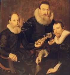 Portrait de groupe de trois gentilshommes, en pied aux trois quarts, assis en costumes noirs à collerettes de dentelle, 1635