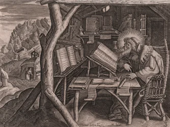 Saint Évagre le Pontique immergé dans ses études (gravure et burin par Thomas de Lieu)