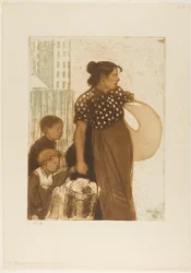 Femme au foyer et enfants revenant de la blanchisserie