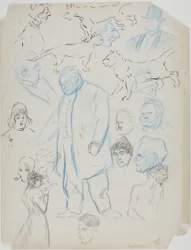 Feuille de croquis : Hommes, femmes et chats (recto) ; Feuille de croquis : Hommes et femmes (verso)