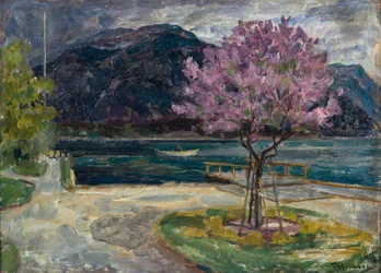 Paysage côtier avec amandier en fleurs