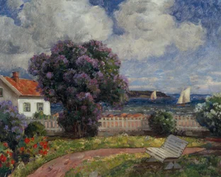 Paysage côtier avec buisson de lilas en fleurs