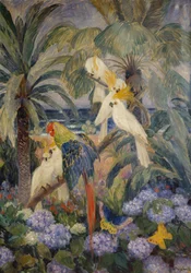 Paysage tropical avec perroquets