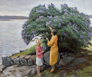 Femme et enfant près du buisson de lilas