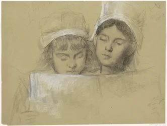Deux filles avec des bonnets blancs, lisant un livre