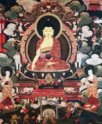 Bouddha assis entre ses deux grands disciples Cariputra et Maudgalyayana, scènes de la vie de Bouddha Sakyamuni, civilisation tibétaine