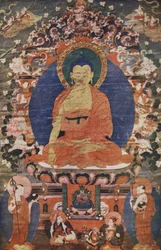 Image de temple tibétain de Bouddha en trône, 18ème siècle, reproduite dans The Outline of History de H.G. Wells, Londres