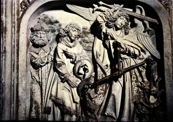 Tombeau de Henri II (973-1024) et de sa femme Cunégonde, détail de la pesée du cœur de Henri II en présence de Saint Laurent