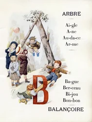 Lettres A et B représentant des enfants jouant à la balançoire, fin du 19ème siècle (chromolithographie)