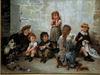 Le passage palpitant : des enfants écoutant un livre. Peinture de Timoléon Lobrichon (1831-1914), XIXe siècle. Collection privée