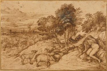 Paysage boisé avec une femme nue, sa tête cachée par un manteau