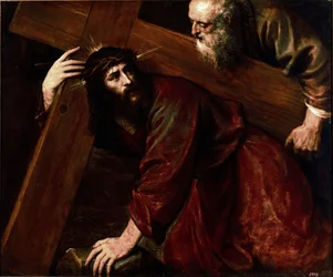 Le Christ et Simon de Cyrène - Simon de Cyrène aide Jésus à porter sa croix. Peinture de Tiziano Vecellio, dit le Titien (1485-1576)