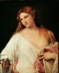 Flore. Peinture de Tiziano Vecellio, dit le Titien, vers 1515. Dimensions 64 x 80 cm. Galerie des Offices, Florence