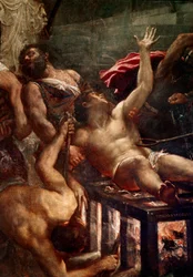Le martyre de saint Laurent - Supplice de saint Laurent sur le gril en 258 à Rome. Détail. Peinture de Tiziano Vecellio, dit le Titien (vers 1490-1576), 1548-1559. 500x280 cm. Venise, église des Jésuites