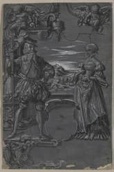 Conception pour la peinture sur verre : Homme et femme dans un cadre architectural, seconde moitié des années 1500