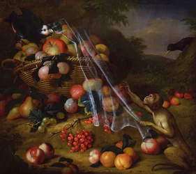 Fruits mélangés avec un singe, un perroquet, un geai et deux pinsons dans un paysage