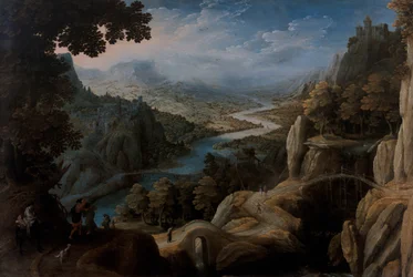 Un paysage fluvial montagneux étendu avec la réconciliation de Jacob et Laban, une ville fortifiée sur un sommet de falaise au-delà