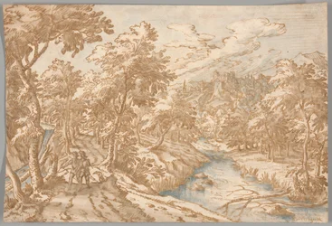 Paysage avec deux hommes marchant