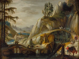Voyageurs dans un paysage alpin