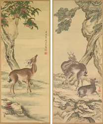 Symboles de longévité : Cerf sous pêche et pin