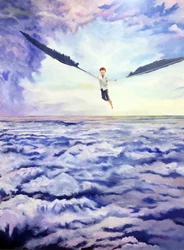 Garçon volant au-dessus des nuages