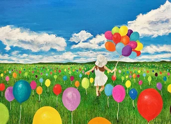 Champ avec fille joyeuse et ballon