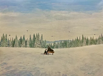 Piano dans un champ enneigé