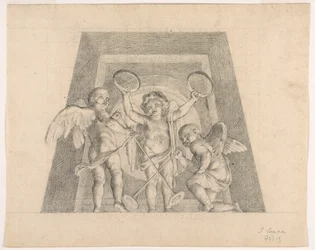 Trois putti avec tambourins et trompettes, conception pour la lunette de la Sala delle Muse, Musée Pio-Clementino, Vatican