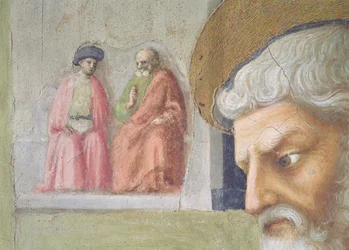 Saint Pierre guérissant un infirme et la résurrection de Tabitha, détail de la tête de Saint Pierre avec deux figures assises au loin (détail)