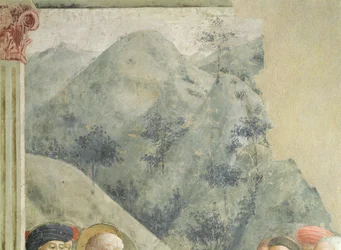 Saint Pierre prêchant à Jérusalem : Paysage vallonné, vers 1427