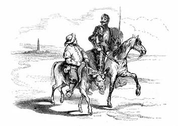 Don Quichotte chevauche son cheval Rossinante avec son fidèle écuyer Sancho Panza sur son âne. Illustration du roman de Cervantes publié en France en 1845 par Dubochet & Cie, traduction de Louis Viardot, gravures de Tony Johannot