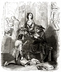 Le prêtre Pero Perez et le barbier Nicolas inspectant les livres de la bibliothèque de Don Quichotte, vers 1850 (illustration)