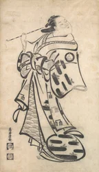 Une oiran debout, une pipe dans la main droite, et se retournant pour regarder derrière elle