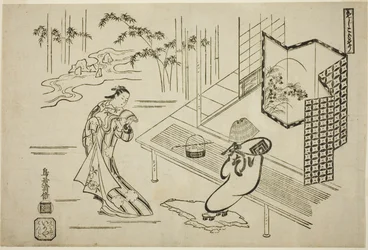 Les Acteurs Nakamura Takesaburo I comme Kewaizaka no Shosho et Ichikawa Danjuro II comme Soga no Goro déguisé en komuso dans la pièce "Bando Ichi Kotobuki Soga," jouée au Théâtre Nakamura au premier mois, 1715