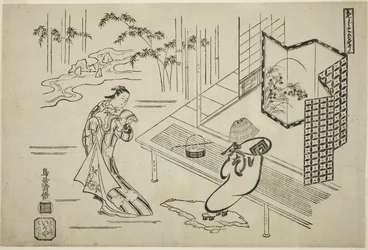 Les acteurs Nakamura Takesaburo I comme Kewaizaka no Shosho et Ichikawa Danjuro II comme Soga no Goro déguisés en komuso dans la pièce "Bando Ichi Kotobuki Soga," jouée au théâtre Nakamura au premier mois