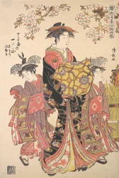 Une Oiran accompagnée de deux Kamuro